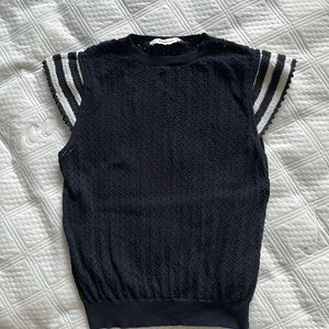 ZARA Blue Cotten Knit Top with Crocheted Cap Sleeves